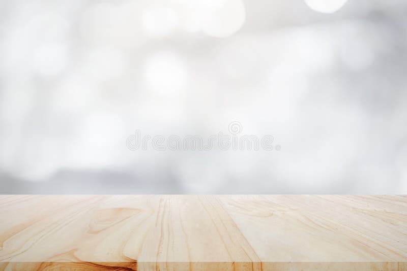 Empty Wooden Table for Present Product on White Bokeh Blur Background Stock  Image - Image of montage, background: 172583377