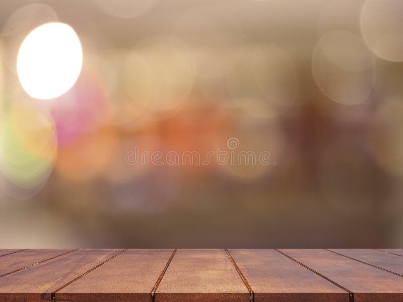 Empty wooden table top with abstract blurred lighting background royalty free stock photos