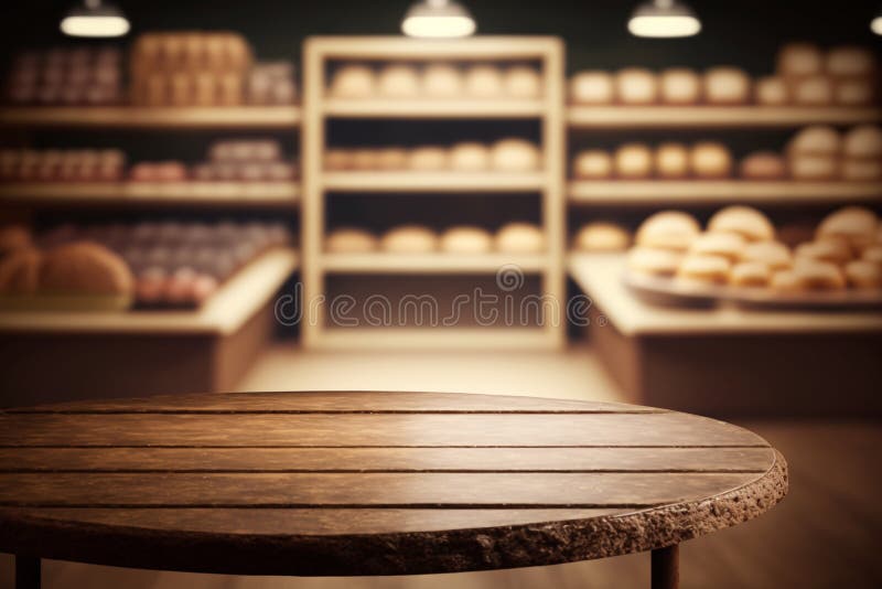 Wooden Table Top on Blurred Background of Bakery for Product Display