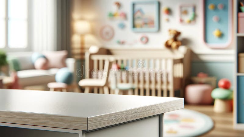 An empty wooden table top with a blurred kindergarten playroom background stock illustration