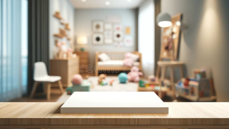 An empty wooden table top with a blurred kindergarten playroom background vector illustration
