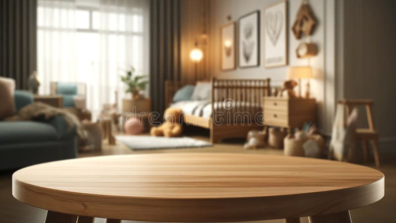 An empty wooden table top with a blurred kindergarten playroom background stock illustration
