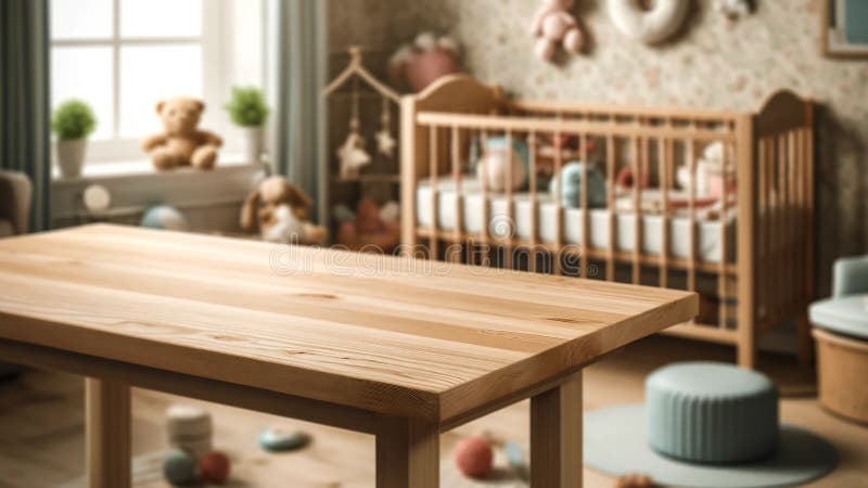 An empty wooden table top with a blurred kindergarten playroom background royalty free illustration
