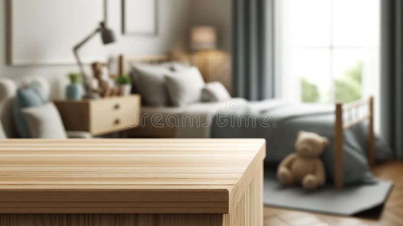 An empty wooden table top with a blurred kindergarten playroom background vector illustration