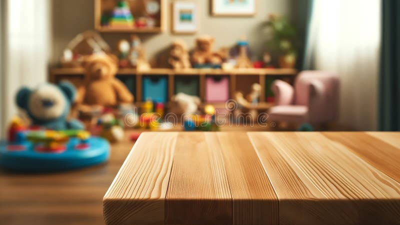 An empty wooden table top with a blurred kindergarten playroom background stock illustration