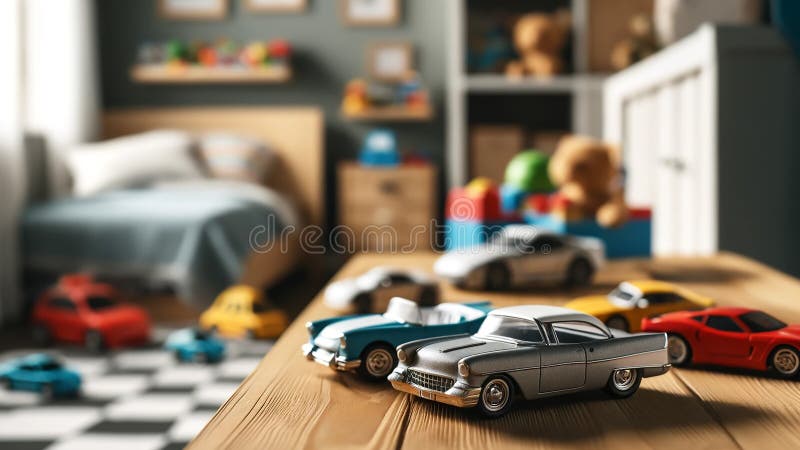 An empty wooden table top with a blurred kindergarten playroom background vector illustration