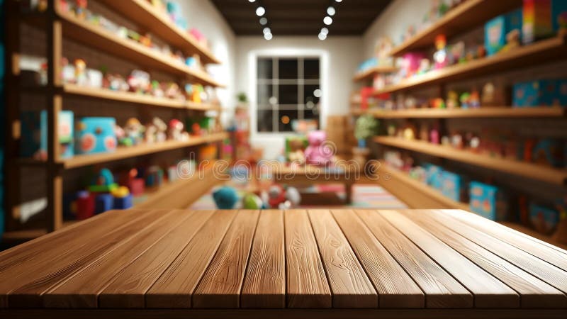 An empty wooden table top with a blurred kindergarten playroom background stock illustration
