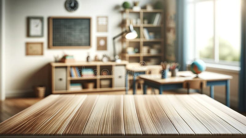 An empty wooden table top with a blurred kindergarten playroom background royalty free illustration