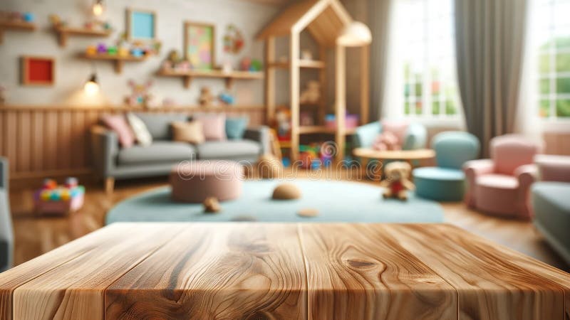 An empty wooden table top with a blurred kindergarten playroom background vector illustration