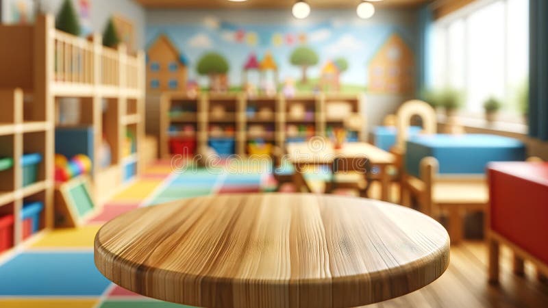 An empty wooden table top with a blurred kindergarten playroom background vector illustration