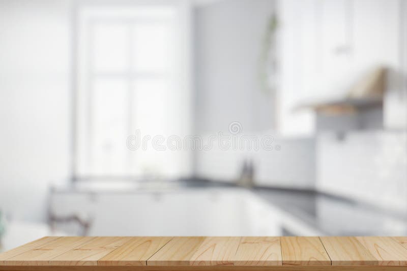 Wood Table Top on Blur Kitchen Room Background Stock Photo - Image of ...