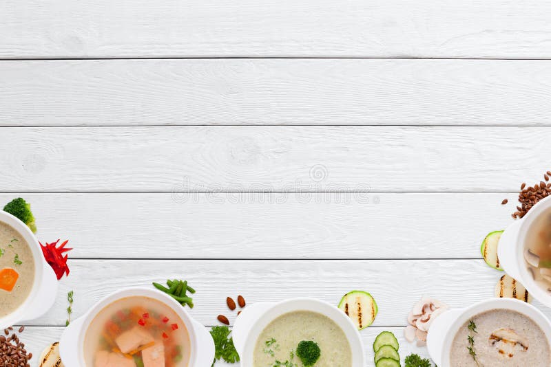 Download Empty Wooden Table With Variation Of Soups Stock Photo - Image of appetizer, mockup: 83417702