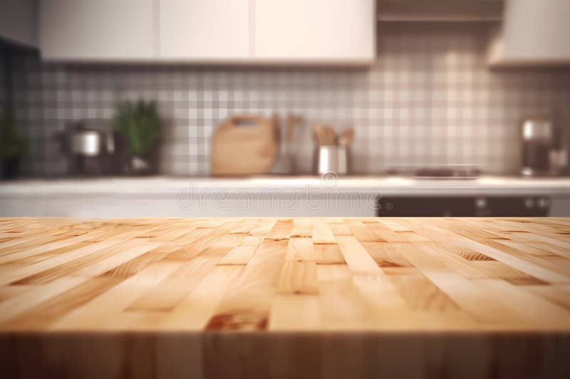 Empty Wooden Tabletop on Blurred Kitchen Counter Room Background ...