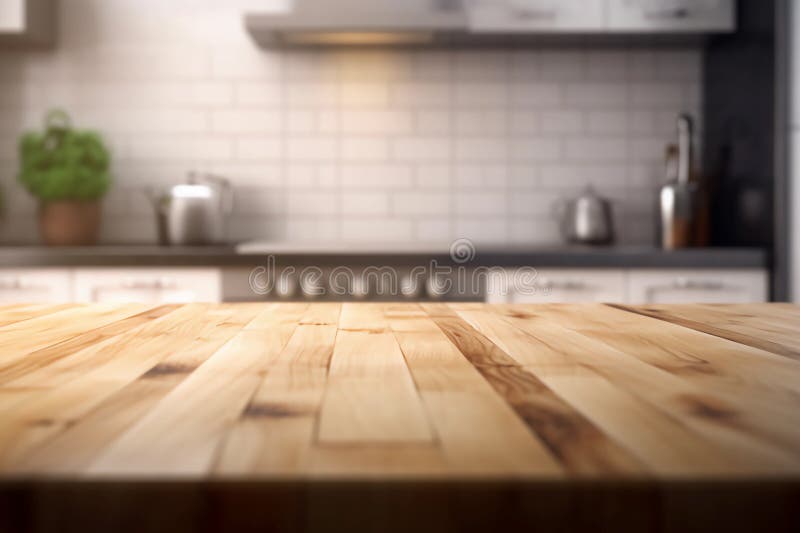 Empty Wooden Tabletop on Blurred Kitchen Counter Room Background ...