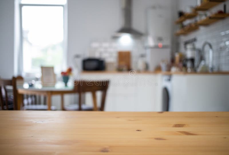 Empty Wooden Tabletop and Blurred Kitchen Mock Up for Product Display ...