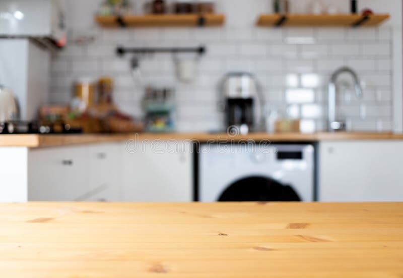 Empty Wooden Tabletop and Blurred Kitchen Mock Up for Product Display ...