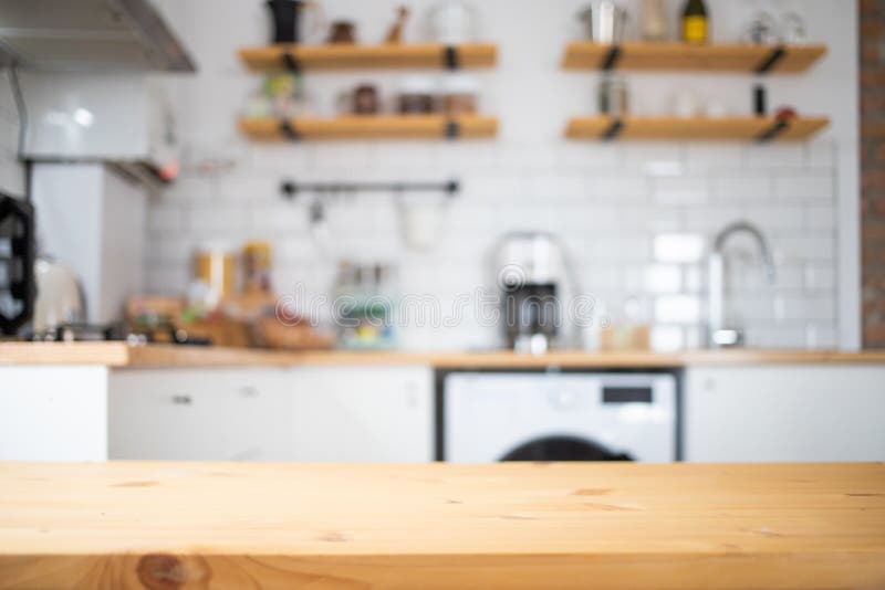 Empty Wooden Tabletop and Blurred Kitchen Mock Up for Product Display ...