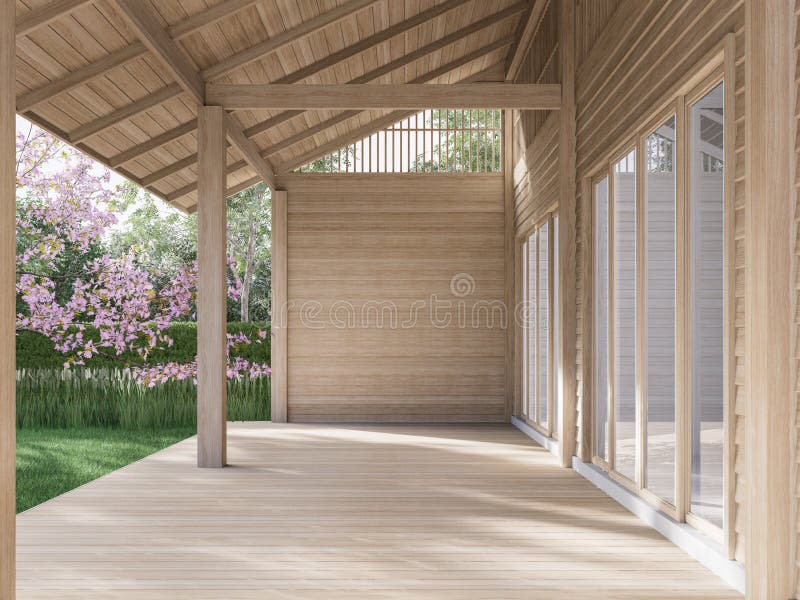 Empty wooden terrace with blank plank wall 3d render stock illustration