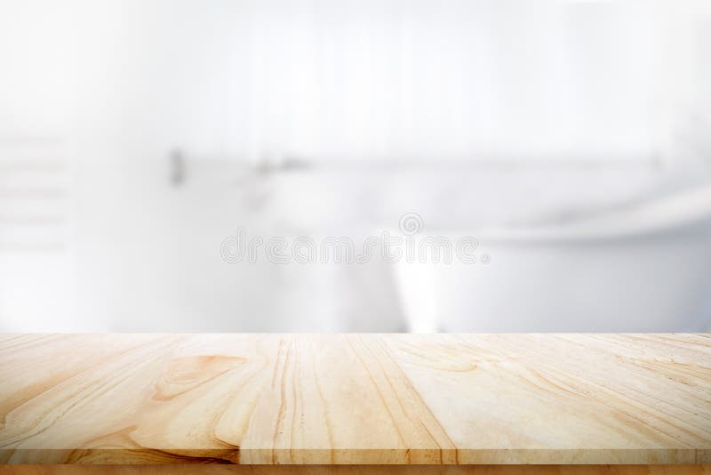 Empty wooden top table with blurred bathroom background royalty free stock photos
