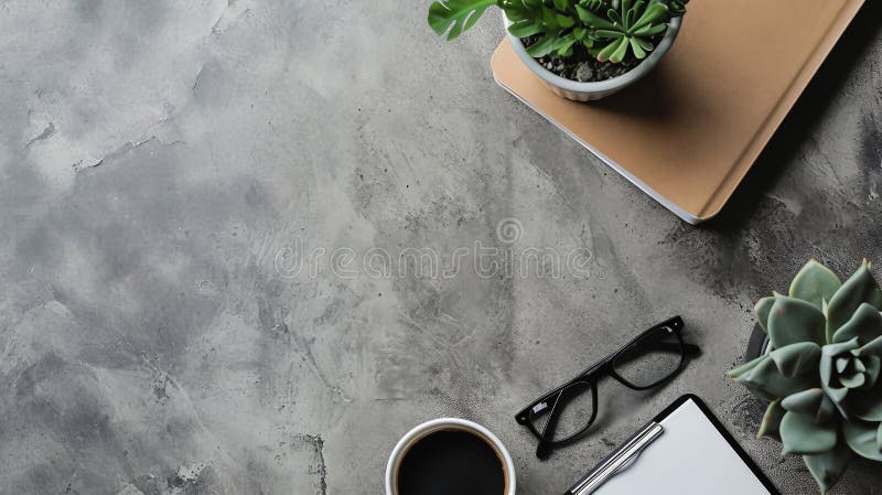 An empty working desk. Work related background image with plants. Empty working desk. Concrete desk. Negative space. Work from home. Empty office desk.