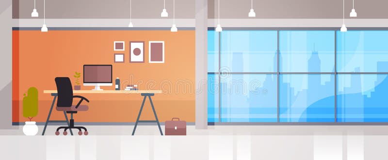 Empty Workplace Office Desk With Desktop Computer Workspace Interior Concept stock illustration