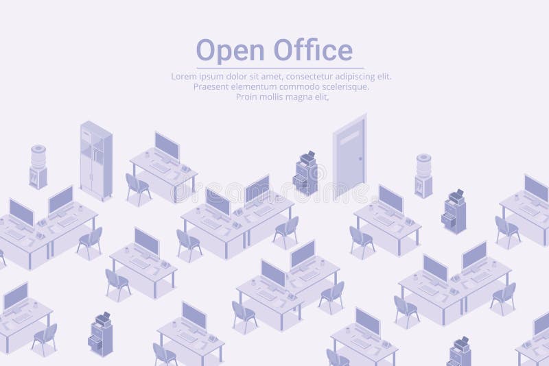 Empty workplaces with computers in Open Office Isometric Flat white monochrome vector concept