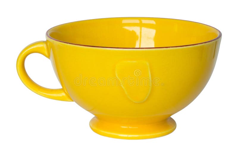Empty yellow cup isolated on white stock photo