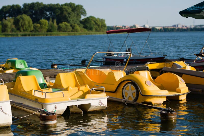 Yellow Pedal Boats on Elk Lake in the Daylight Stock Photo Image of