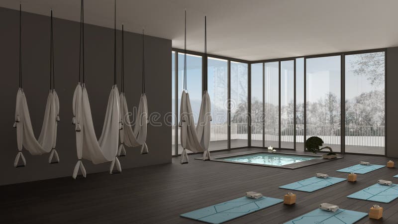 Empty yoga studio interior design, space with hammock, mats