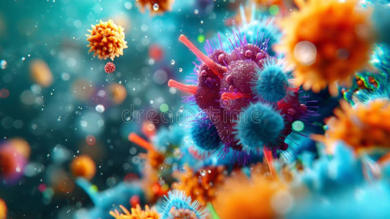 En abstrakt representation av olika virus och mikroorganismer i vibrerande royaltyfri illustrationer