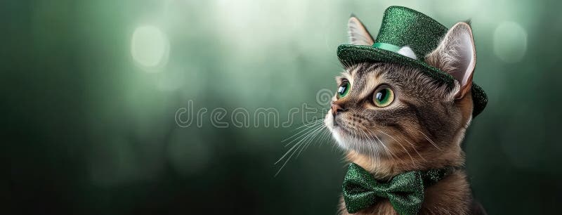 En Abyssinian-katt avsedd för St.. Patricks Day bär stolt en glittergrön hatt och bukslips som skapar en festlig arkivbild