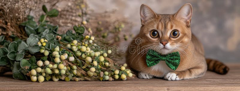 En Abyssinian-katt avsedd för St.. Patricks Day bär stolt en glittergrön hatt och bukslips som skapar en festlig royaltyfri bild