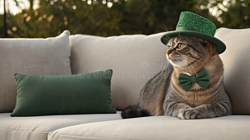 En Abyssinian-katt avsedd för St.. Patricks Day bär stolt en glittergrön hatt och bukslips som skapar en festlig royaltyfri fotografi