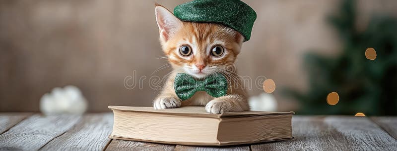 En Abyssinian-katt avsedd för St.. Patricks Day bär stolt en glittergrön hatt och bukslips som skapar en festlig royaltyfria foton