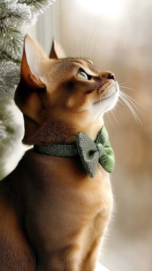 En Abyssinian-katt avsedd för St.. Patricks Day bär stolt en glittergrön hatt och bukslips som skapar en festlig arkivbild