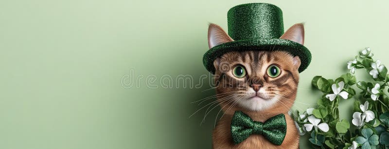 En Abyssinian-katt avsedd för St.. Patricks Day bär stolt en glittergrön hatt och bukslips som skapar en festlig atmosfär royaltyfri bild