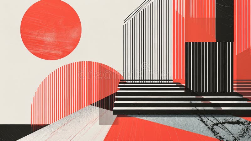En affischdesign med röd geometrisk form med svart och vit färg. aig42. stock illustrationer