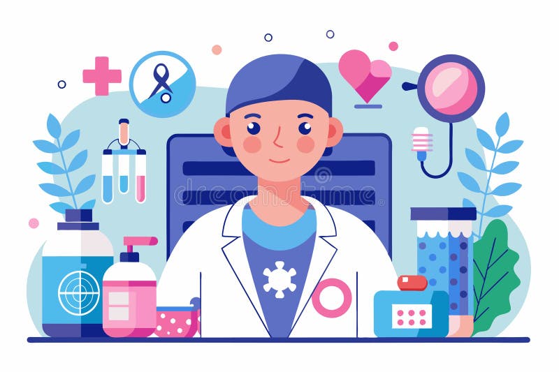 En anpassningsbar illustration har en onkologisk patient som skilts i en klinisk miljö med olika medicinska artiklar onkologi vektor illustrationer