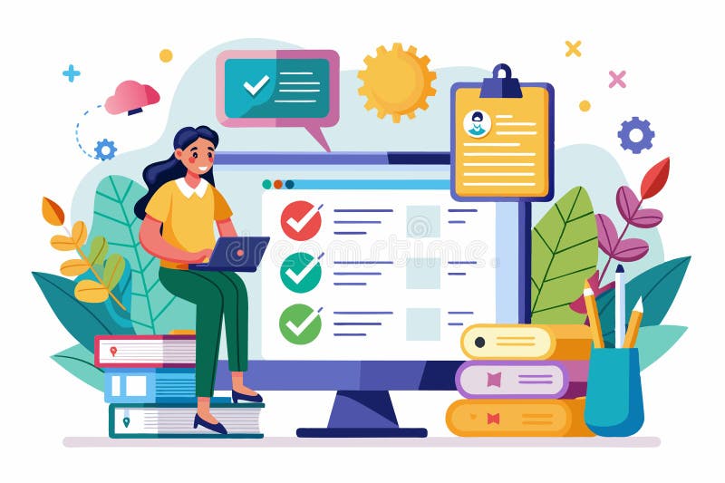 En användare har en anpassningsbar online-testplattform med färgstark grafik och dokumentation online-test som kan anpassas royaltyfri illustrationer