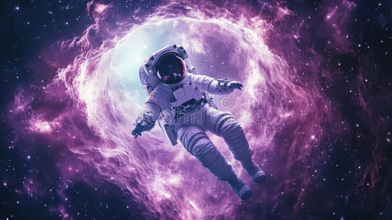 En astronaut som flyter genom en livfull färglös nebuli i djupt utrymme. Ett ögonblick av förundran och prospektering utanför jord royaltyfri fotografi