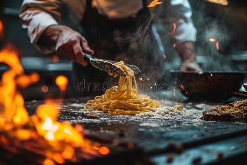 En avslutning av processen för framställning av pasta av hemmade produkter. en kock som förbereder italian pasta stock illustrationer