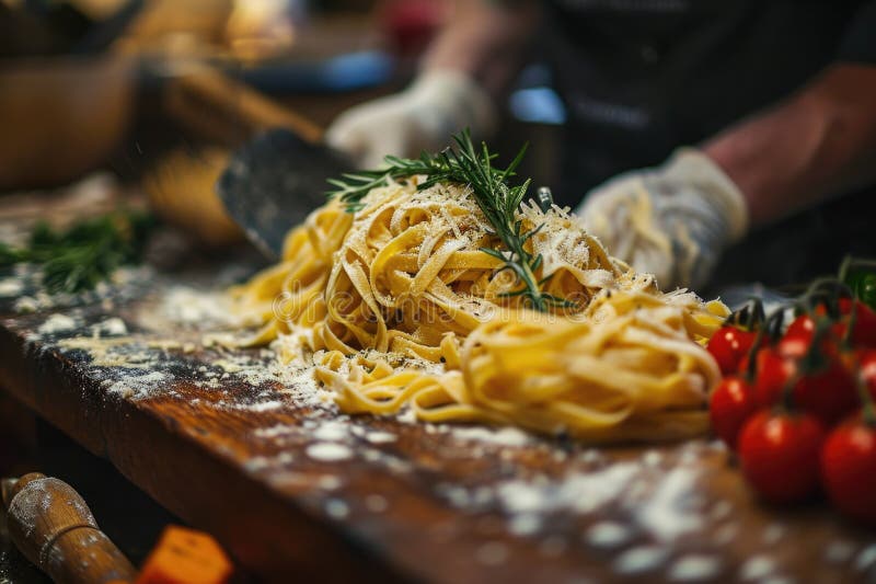 En avslutning av processen för framställning av pasta av hemmade produkter. en kock som förbereder italian pasta vektor illustrationer