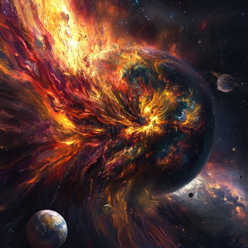 En bakgrundsbild av en exploderande nebuli med ett stängt planetsystem fotografering för bildbyråer