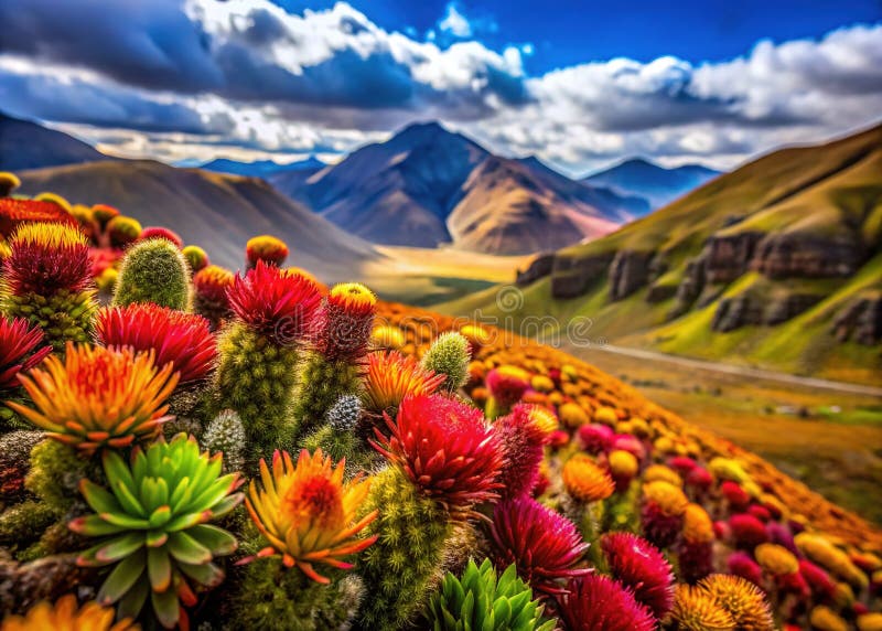 En bedövande makroprospektering av och en flora i punko peru-vibrerande texturer och detaljer om inkräktslandskapet royaltyfri illustrationer