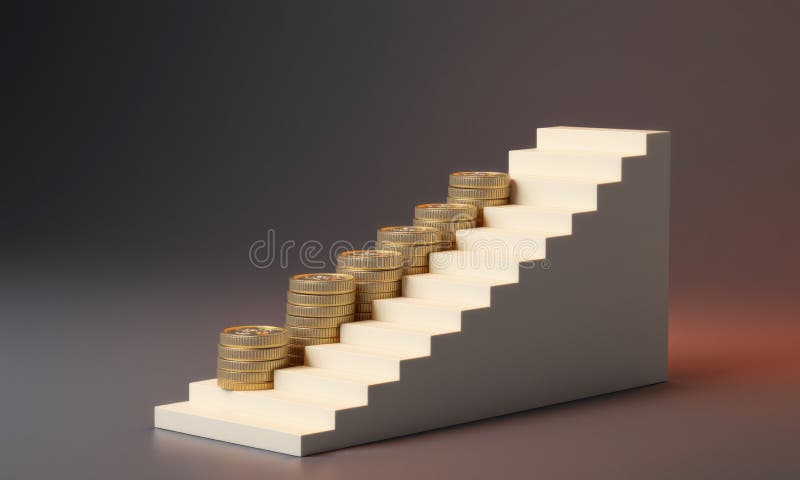 En begreppsmässig bild av den ekonomiska tillväxten med stegar med staplade mynt som symboliserar framgång och framsteg stock illustrationer