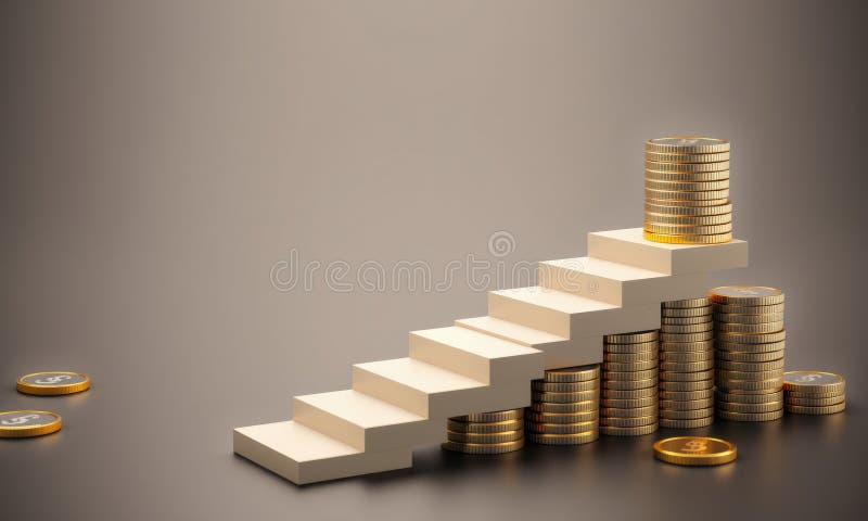 En begreppsmässig bild av stegar som leder till en myntstapel som symboliserar ekonomisk tillväxt och framgång. mynt är arrangerad stock illustrationer