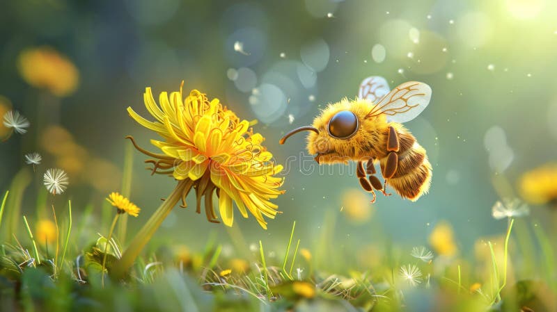 En bikupa nära en ljusgul blomma omgiven av gröngräs stock illustrationer