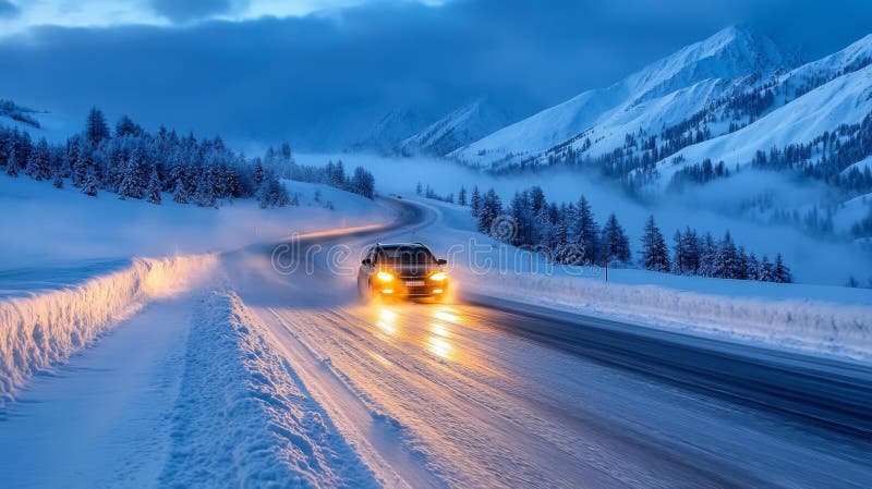 En bil som kör genom en snötäckt bergsväg med snöträd och dimmig atmosfär vektor illustrationer