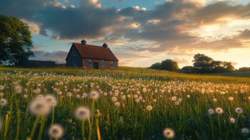 En bild av ett mystiskt hus omgivet av dandelioner i en solig ängsskugga under ett vackert himmel med moln vektor illustrationer