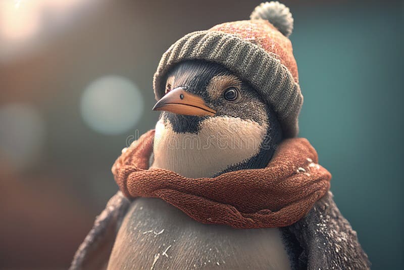 En bild av en söt penguin i en vinterscarf och en generativ bild av hatets karaktär stock illustrationer